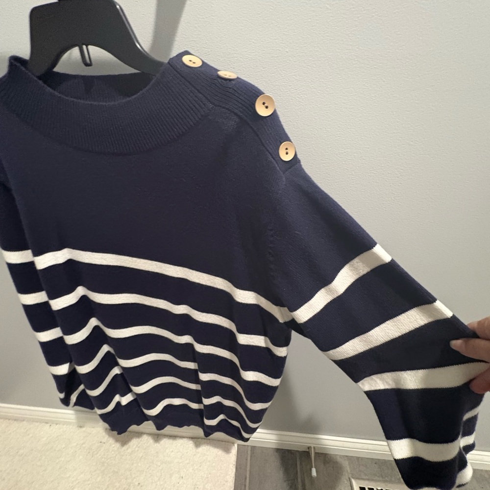 Navy and White Striped Sweater with Button Detail